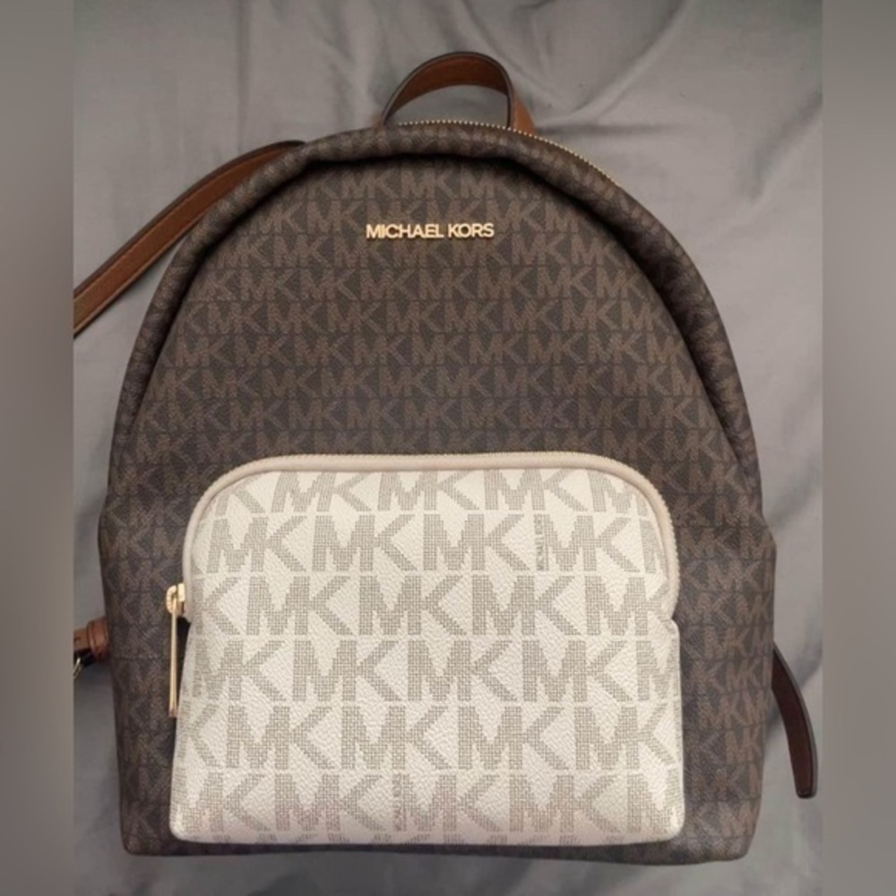 Michael Michael Kors Logo Casual Travel Backpack Color Brown/White Pockets